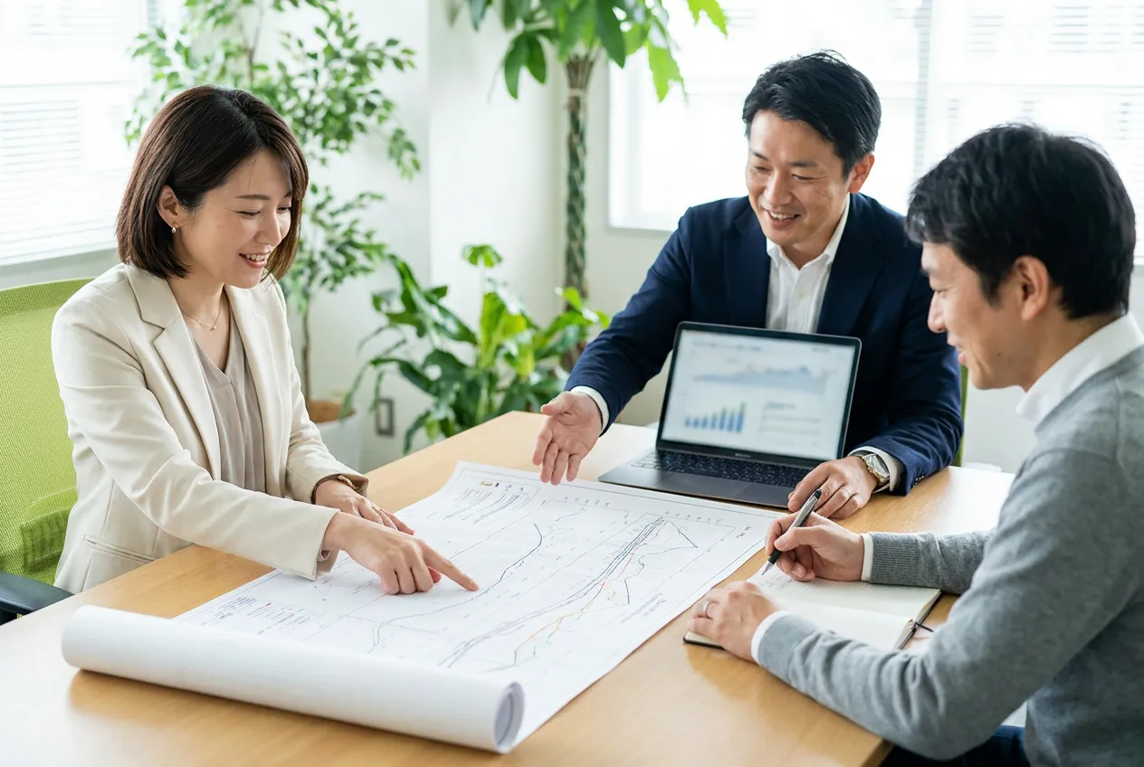 図面と画面を見ながら話す技術者(イメージ)