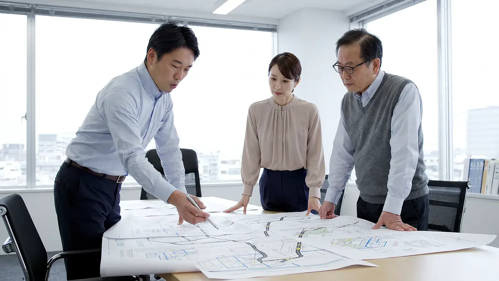 図面を広げて打合せをする建設コンサルタントの技術者(イメージ)